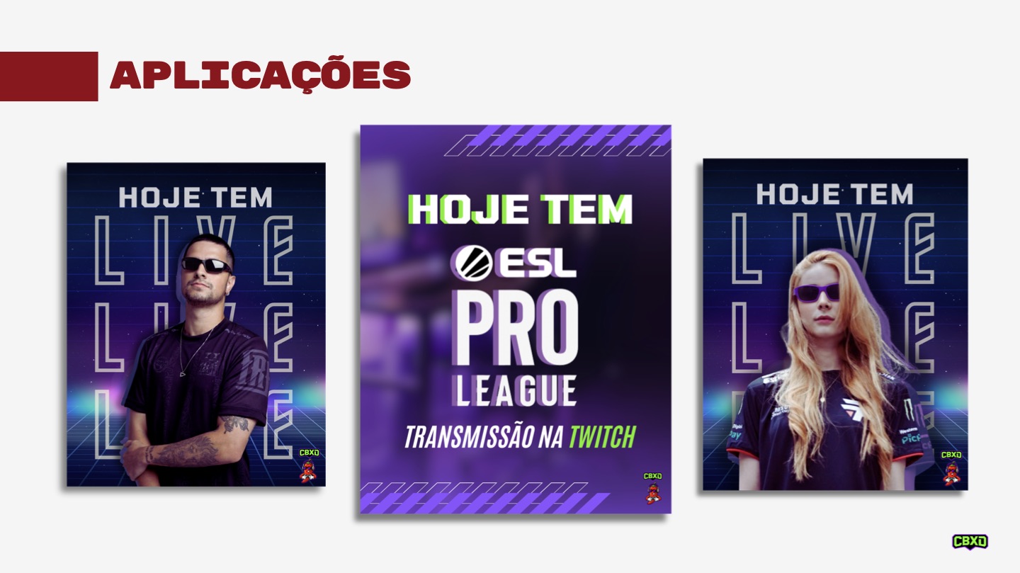 Aplicações da marca CBXD em posts de live