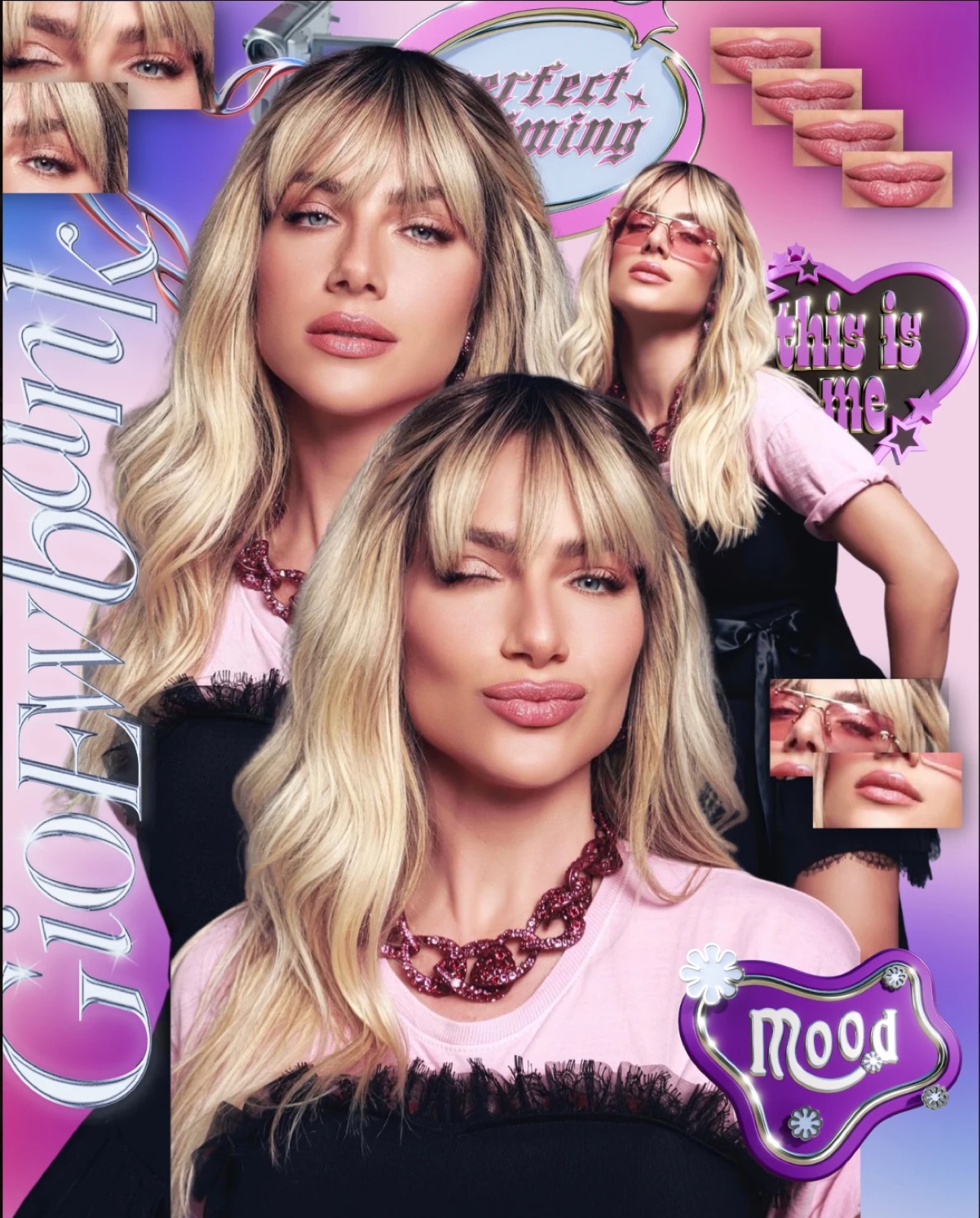 Colagem rosa e lilás com fotos de Giovanna Ewbank e adesivos cromados