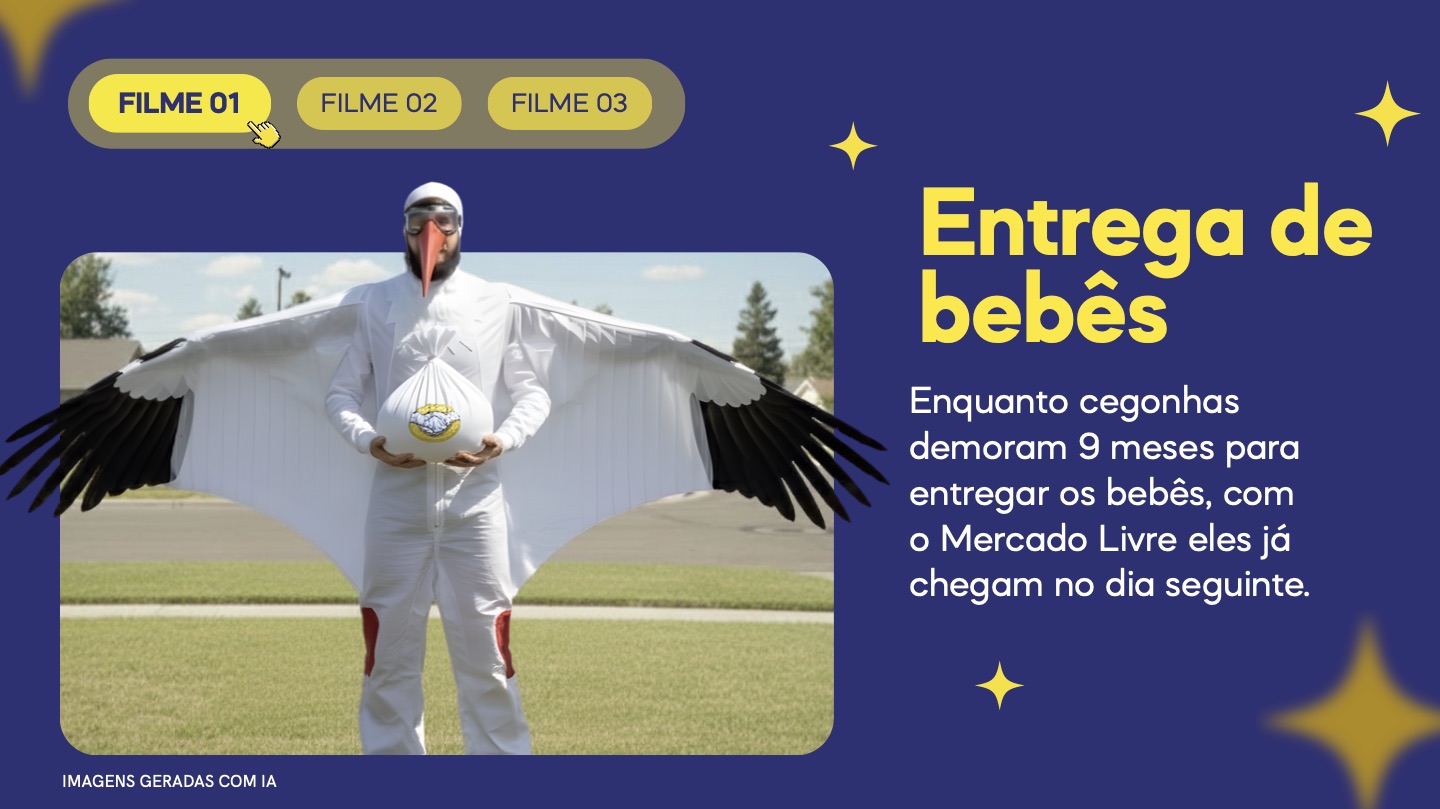 Filme 01, Entrega de bebês: homem fantasiado de cegonha